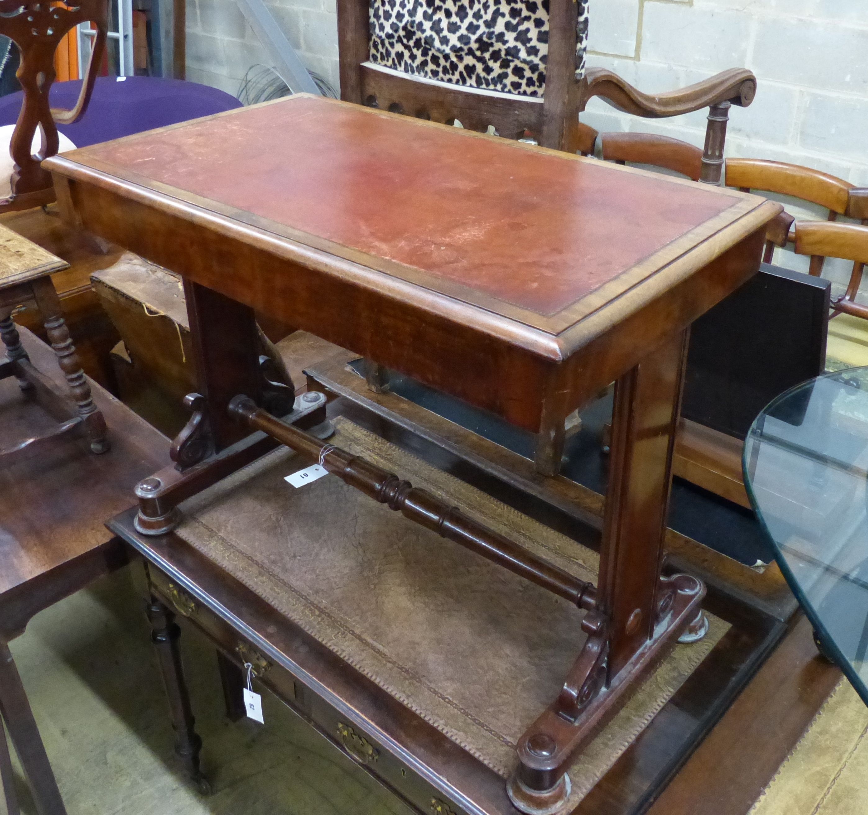 A Victorian mahogany writing table with two frieze drawers, width 92cm